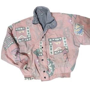 Vintage Quiksilver Ski Jacket Womens Small Pink All Over Print Zip Snap Winter